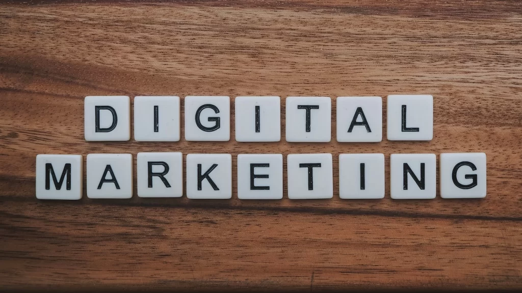 Scrabble tiles spelling digital marketing